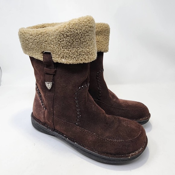 Minnetonka Brown Suede leather Winter Boots Womens 7 Faux Fur Lined Mid Calf - Picture 1 of 10